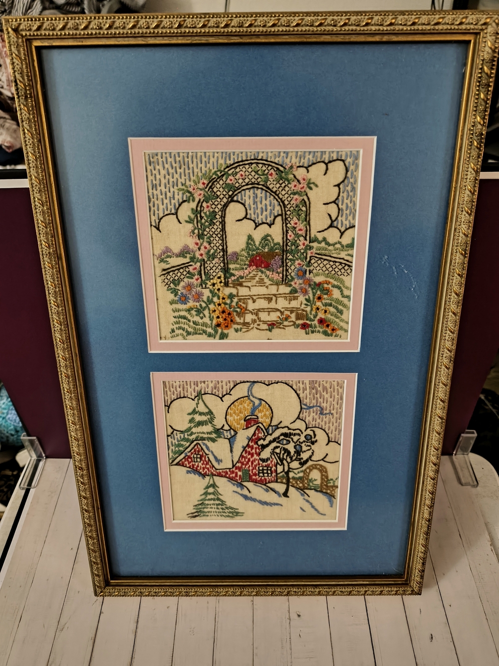 Handcrafted Embroidery Wall Art Pair - Blue & Pink Accents